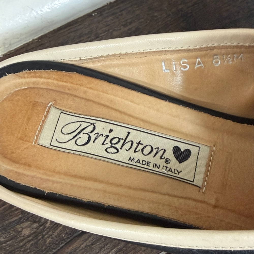 Brighton Black and Cream Leather Slip-On Mules with Decorative Band 8.5 - Picture 2 of 12